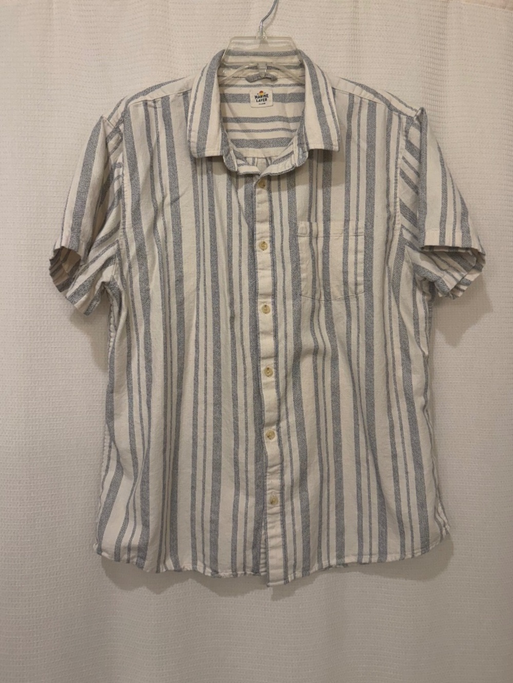 Marine Layer Selvage Stretch Short Sleeve Shirt XL Blue Stripe Cotton Button Dow